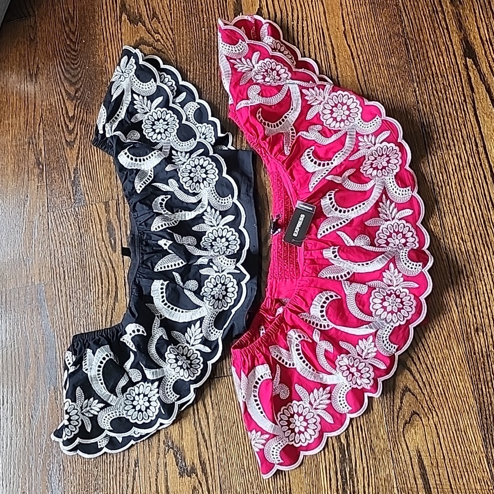 Set of 2, Express Crop Top Ruffled and Embroidered, Hot Pink Red and Black